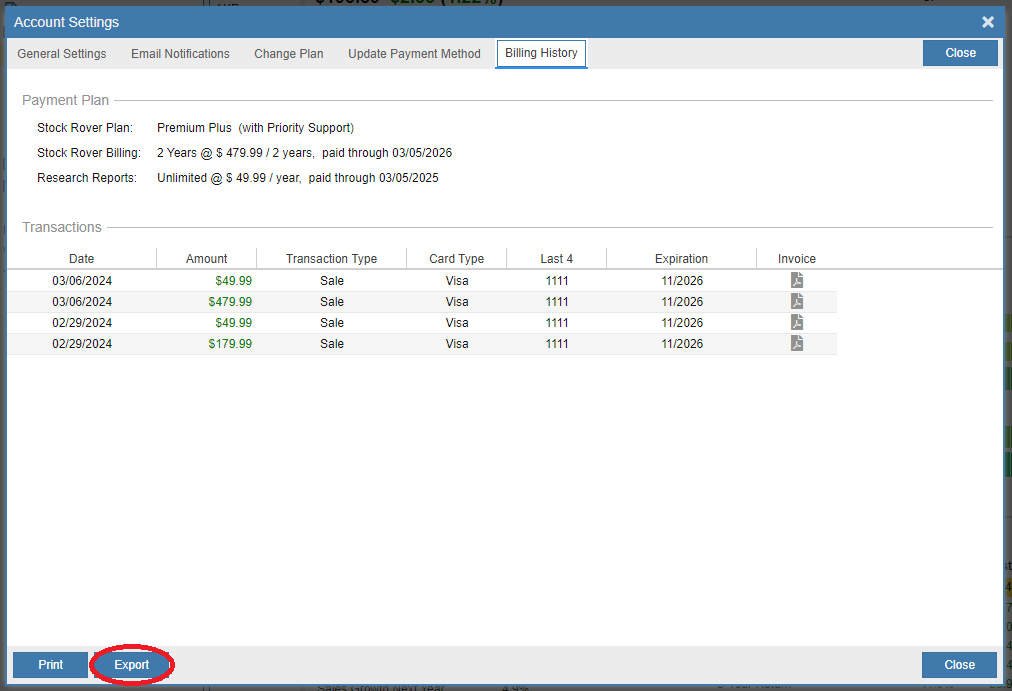 exporting billing history