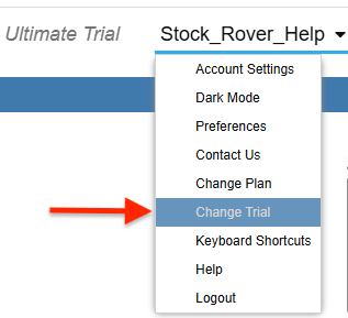 Locating the Change Trial option in the account menu