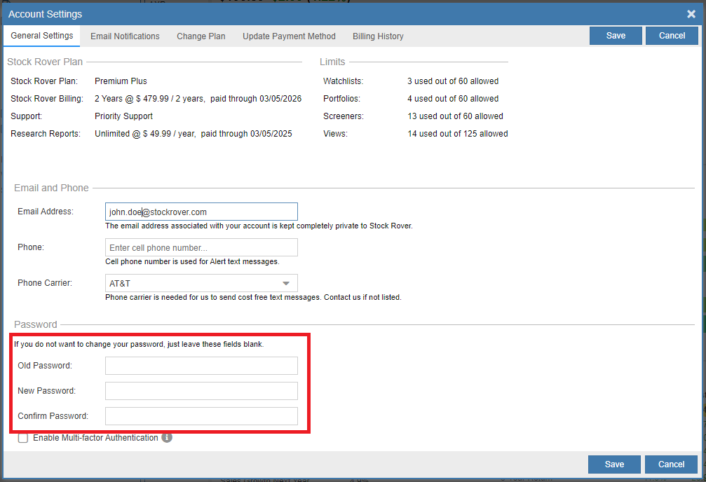 password change window