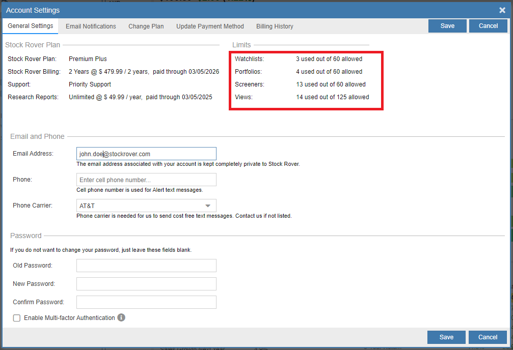 account usage and limits