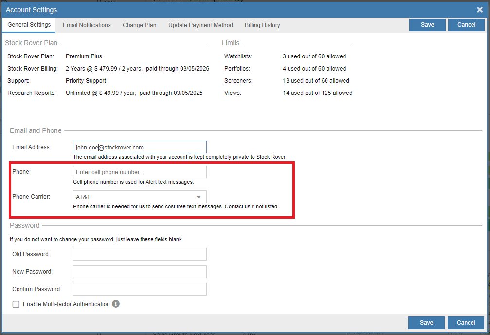 updating phone number and carrier