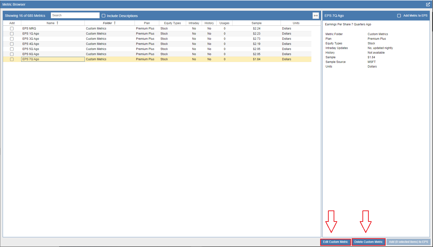 Using the Metric Browser to edit or delete custom user-defined metrics