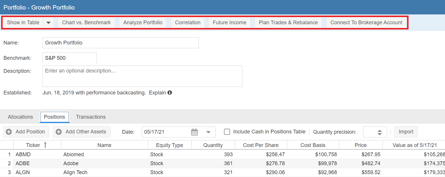 Click to enlarge Stock Rover Portfolio Management Top Row