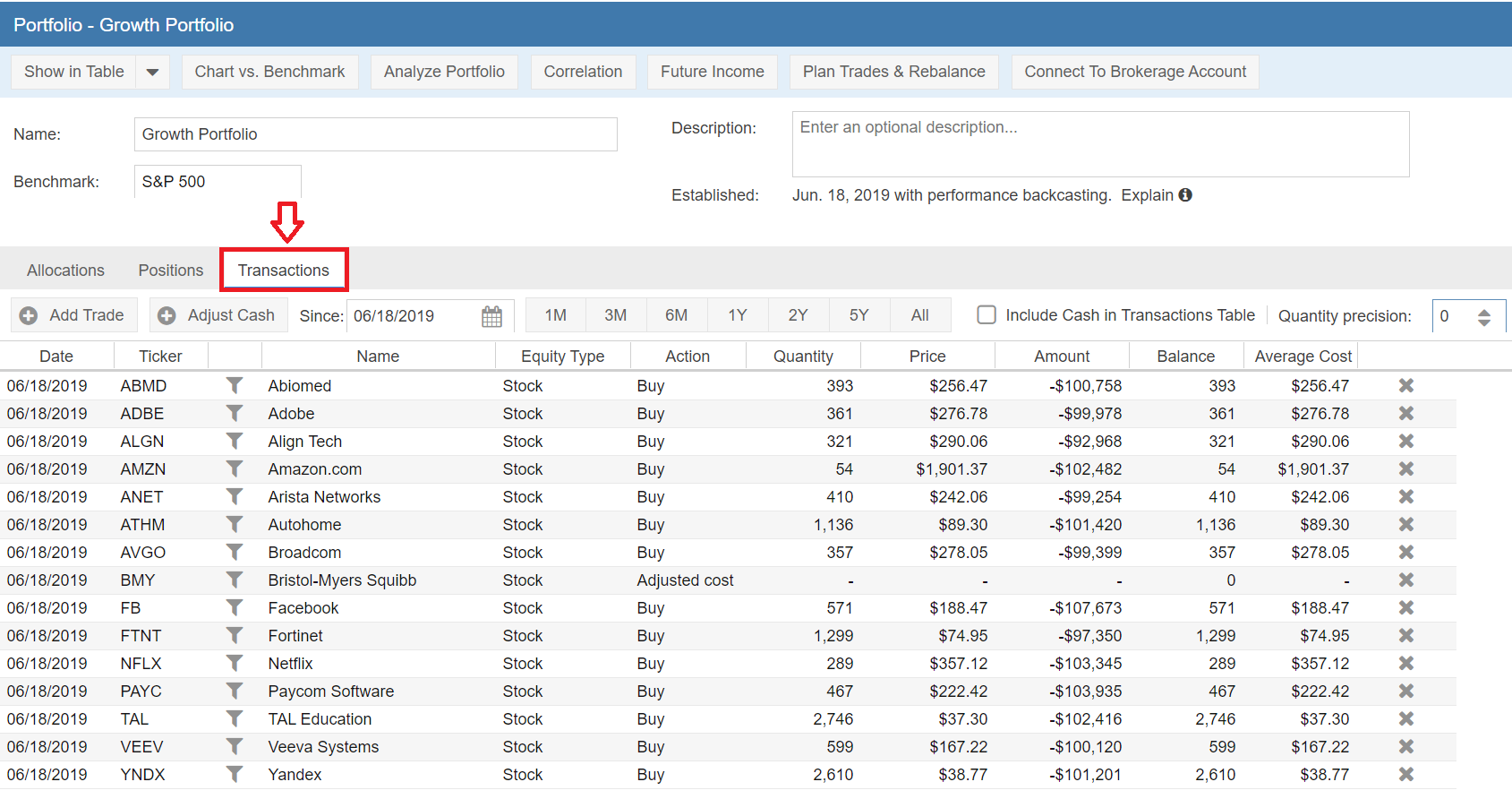 Click to enlarge Stock Rover Portfolio Management Transaction View