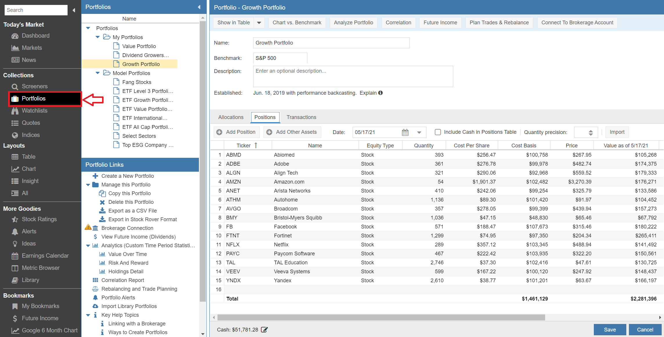 Click to enlarge Stock Rover Portfolio Management
