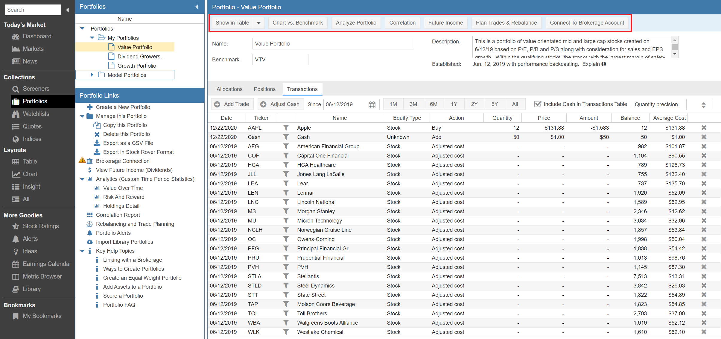 Click to enlarge Stock Rover Portfolio Manager