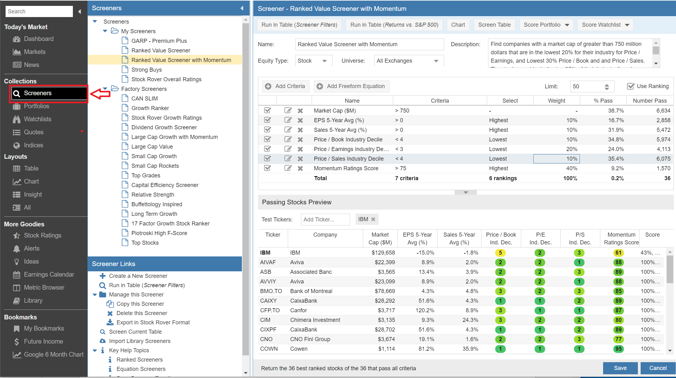 Click to enlarge Stock Rover Screener Management