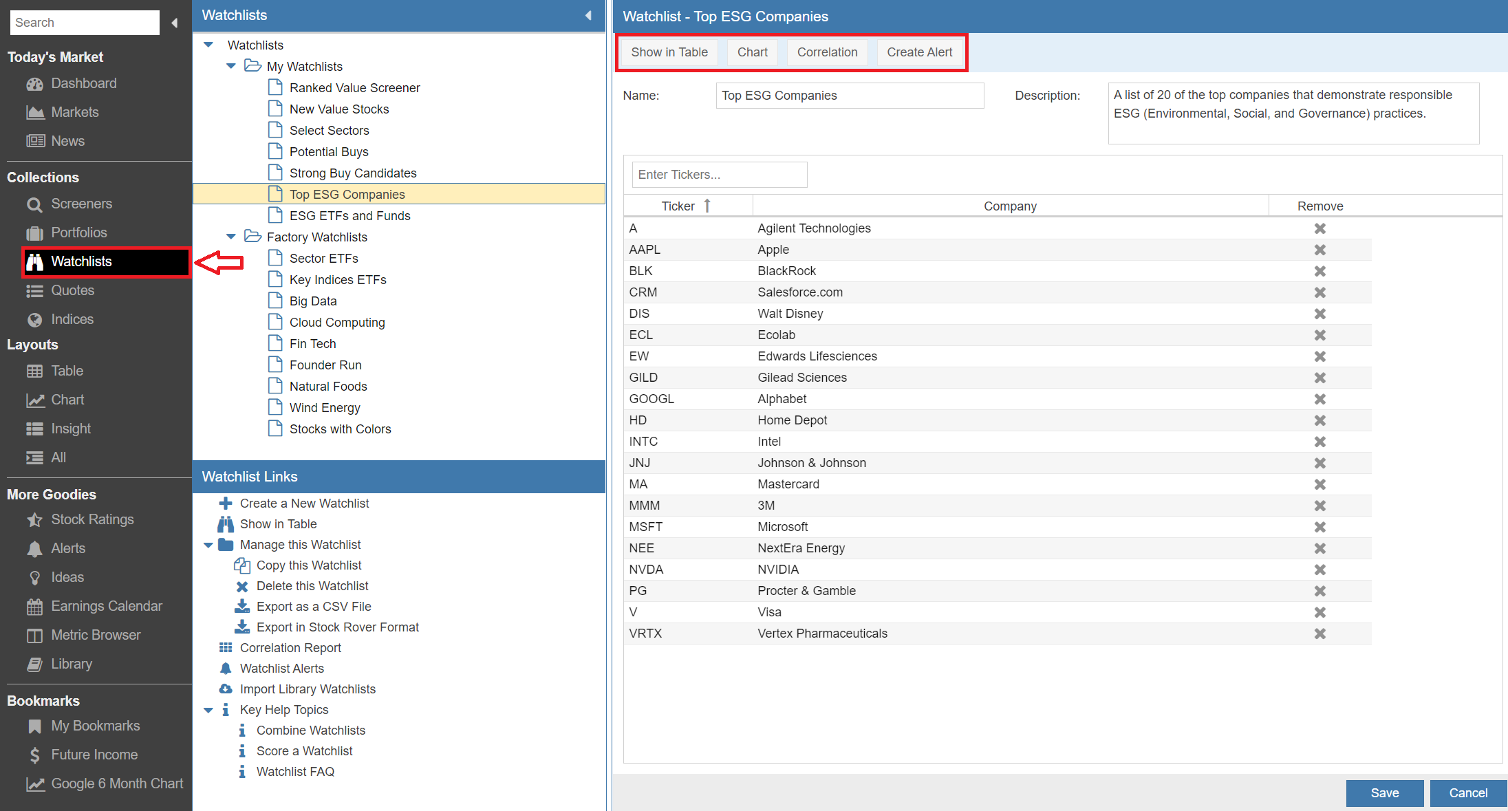 Click to enlarge Stock Rover Watchlist Management